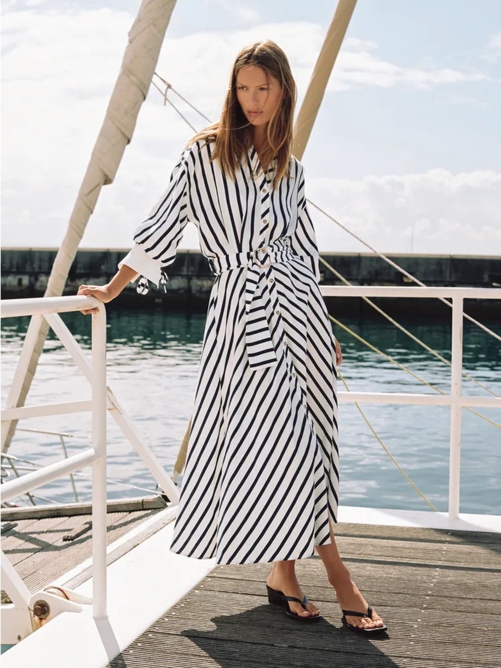 ZARA BELTED STRIPED MIDI DRESS - Picture 2 of 9